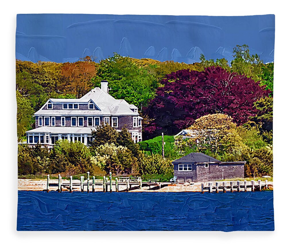 New England; Beach; Coastal; Shoreline; Summer Homes; Houses; Docks; Sea; Ocean; Marthas Vineyard; Trees; Nature; Natural; Kirt Tisdale Fleece Blanket featuring the painting Summer at the Shore by Kirt Tisdale