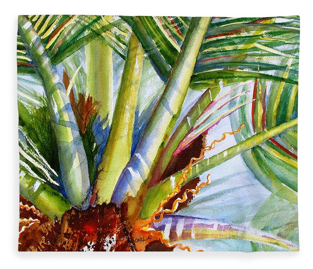 Palm Fleece Blanket featuring the painting Sunlit Palm Fronds by Carlin Blahnik CarlinArtWatercolor