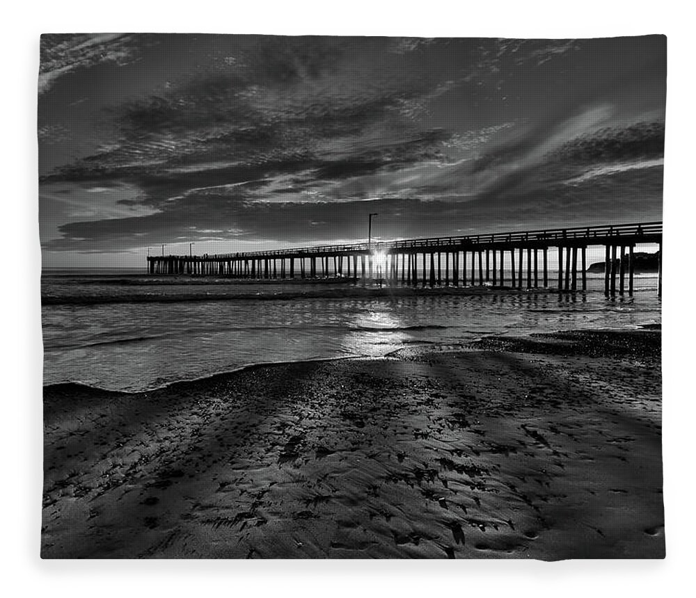 Sunset Fleece Blanket featuring the photograph Sunrays through the Pier in Black and White by Beth Sargent