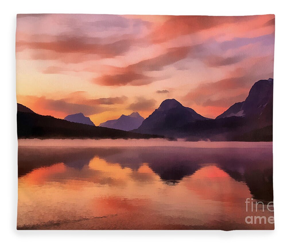 Sunrise Fleece Blanket featuring the digital art Sunrise at Bow Lake by Teresa Zieba