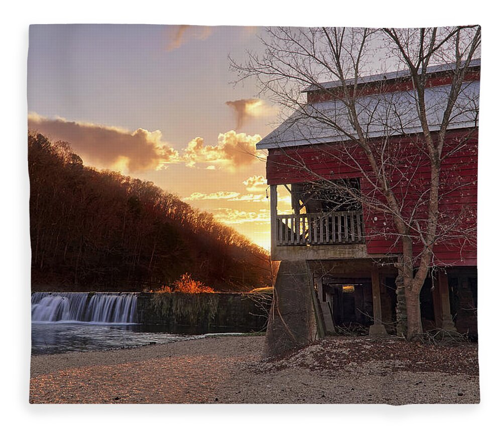 Rockbridge Mill Fleece Blanket featuring the photograph Sunset at Rockbridge Mill - Ozark County Missouri by Jason Politte