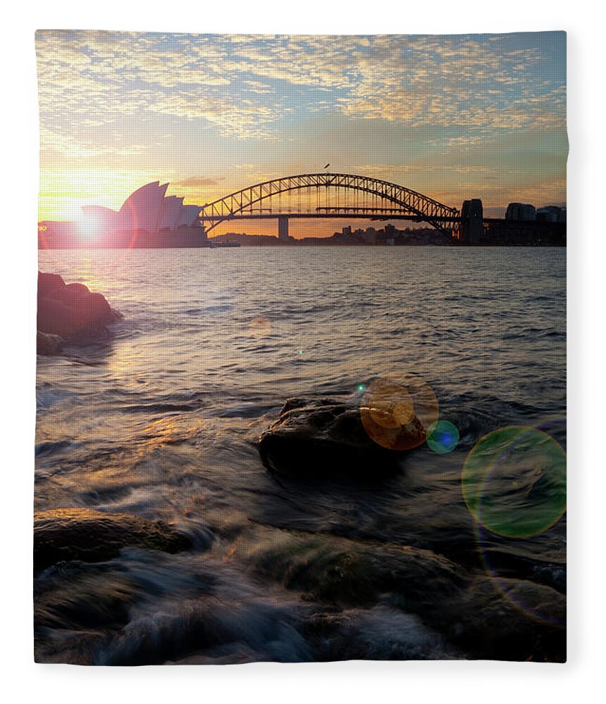 Sydney Harbor Bridge Fleece Blanket featuring the photograph Sunset In Sydney by Simonbradfield