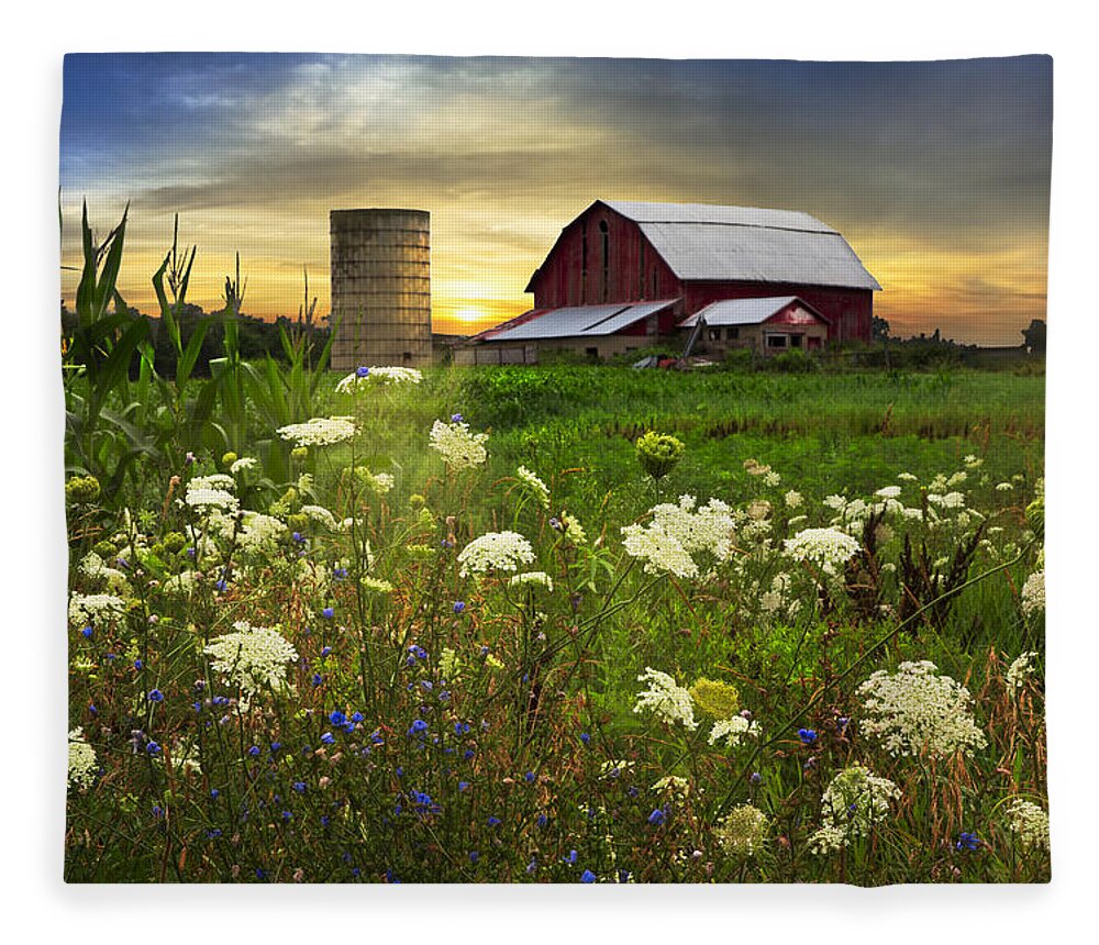 Barn Fleece Blanket featuring the photograph Sunset Lace Pastures by Debra and Dave Vanderlaan