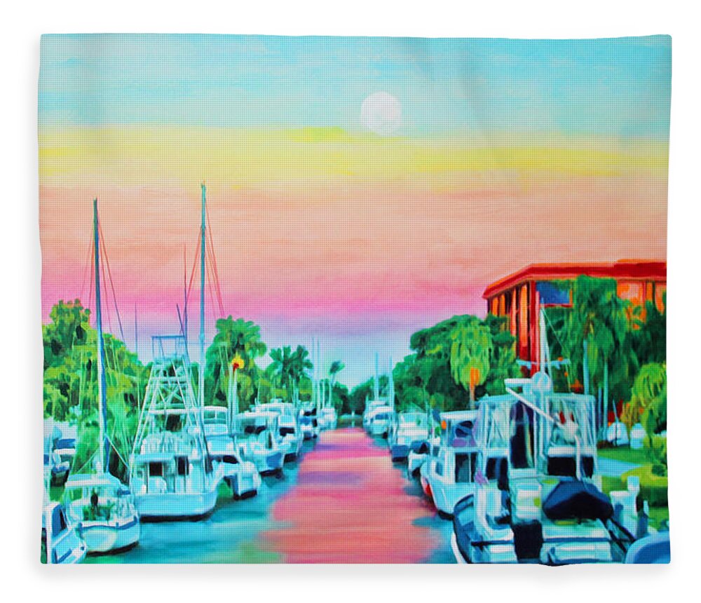 Sunset Fleece Blanket featuring the painting Sunset On The Canal by Deborah Boyd