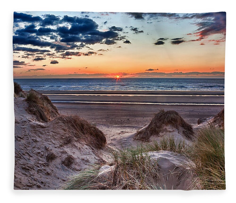 Vacation Fleece Blanket featuring the photograph Sunset over Formby Beach through dunes by Steven Heap