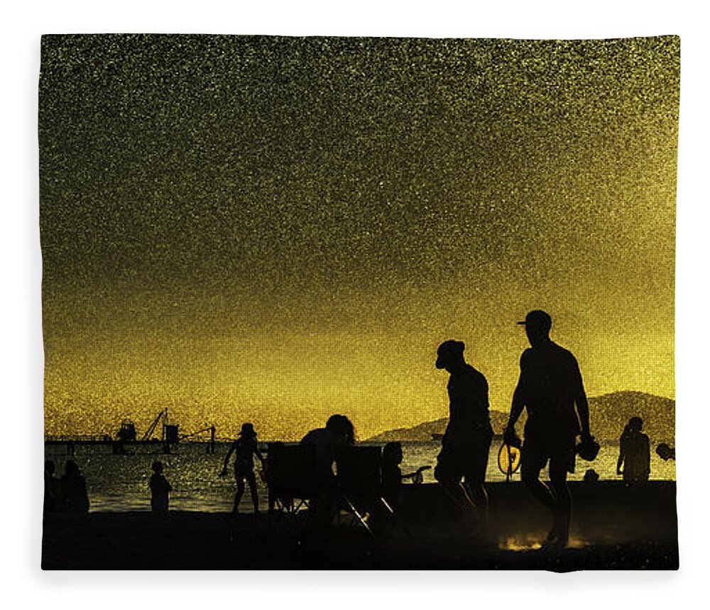 Back Lit Fleece Blanket featuring the photograph Sunset silhouette of people at the beach by Peter V Quenter