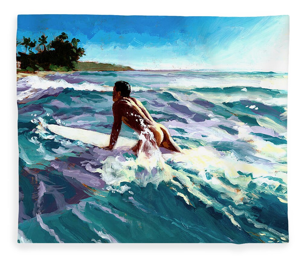 Surfer Fleece Blanket featuring the painting Surfer Coming In by Douglas Simonson