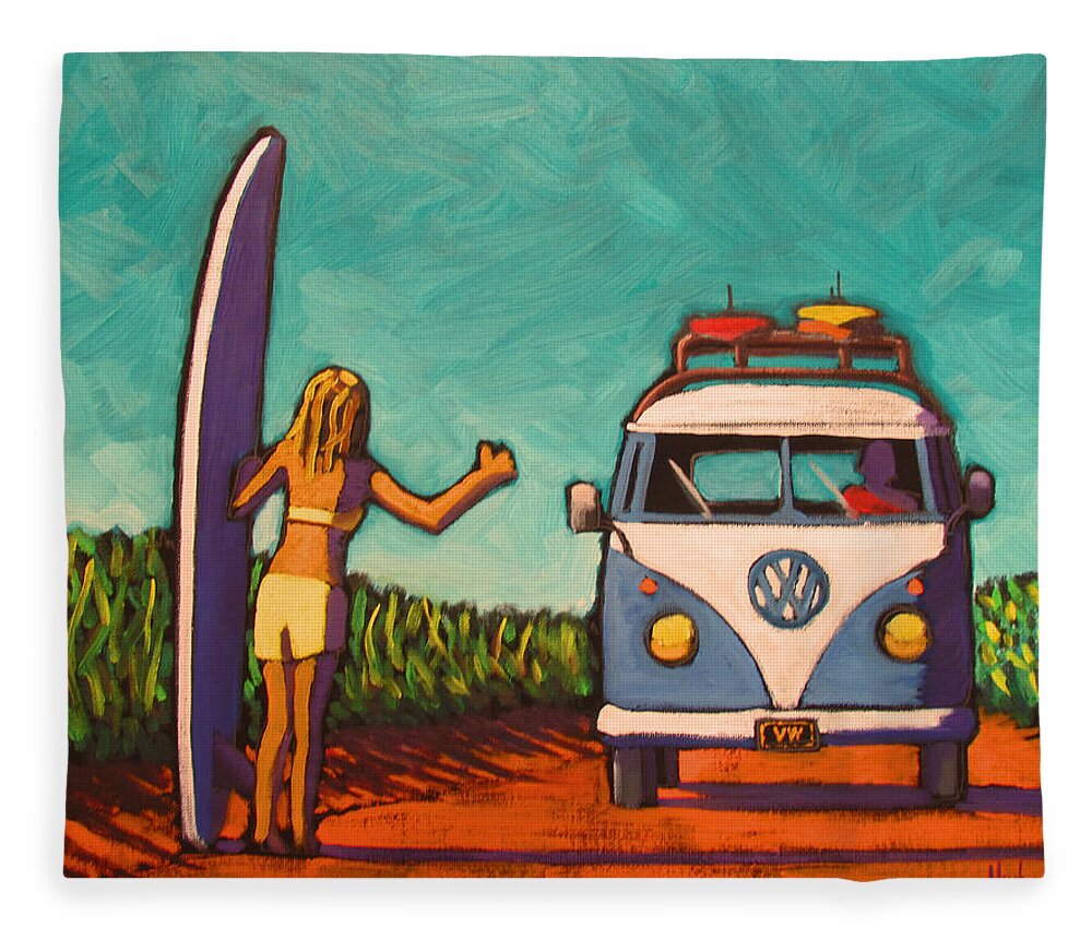Surf Fleece Blanket featuring the painting Surfer Girl and VW Bus by Kevin Hughes