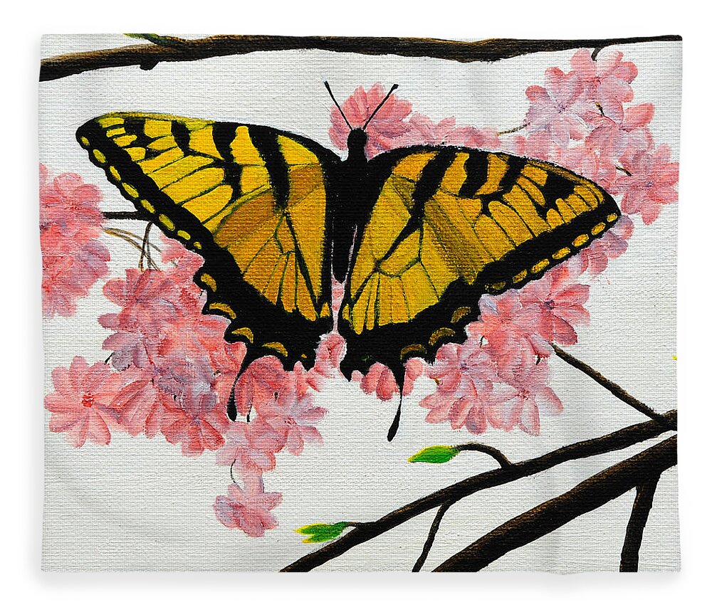 Butterfly Fleece Blanket featuring the painting Swallowtail in Cherry Blossoms by Jane Axman