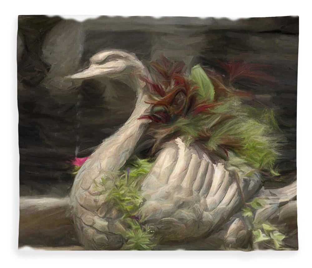 Swan Fleece Blanket featuring the digital art Swan with Beautiful Flowers by Jorge Perez - BlueBeardImagery