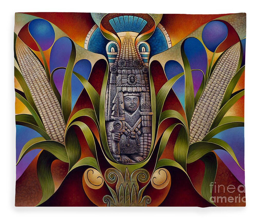 Aztec Fleece Blanket featuring the painting Tapestry of Gods - Chicomecoatl by Ricardo Chavez-Mendez