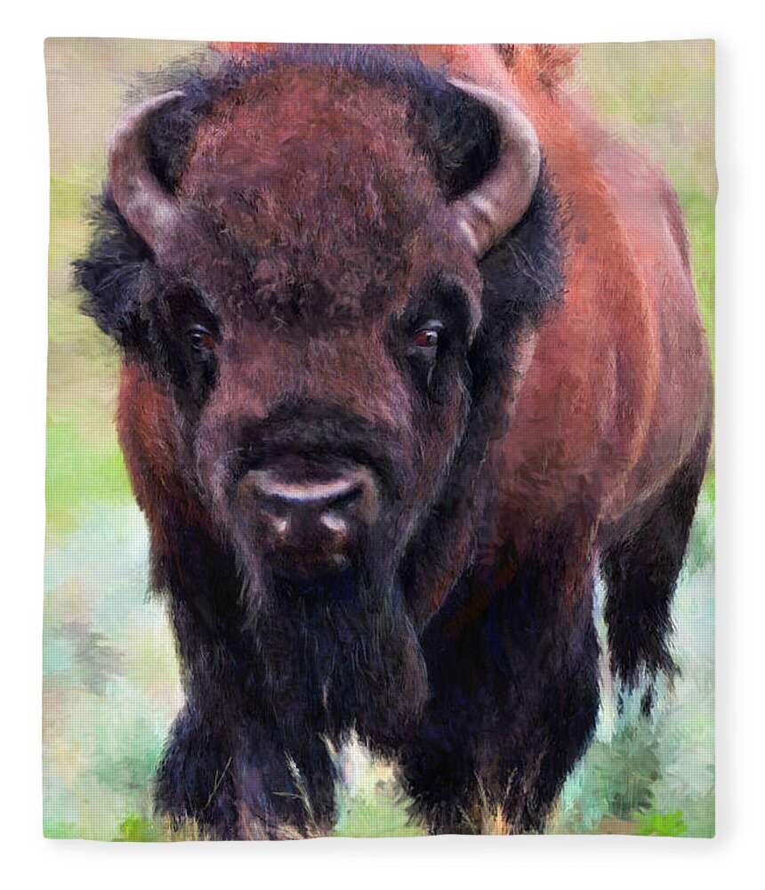 Buffalo Fleece Blanket featuring the painting DA105 Tatonka by Daniel Adams by Daniel Adams