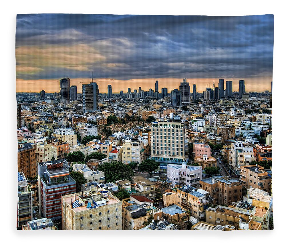 Ronsho Fleece Blanket featuring the photograph Tel Aviv skyline winter time by Ron Shoshani