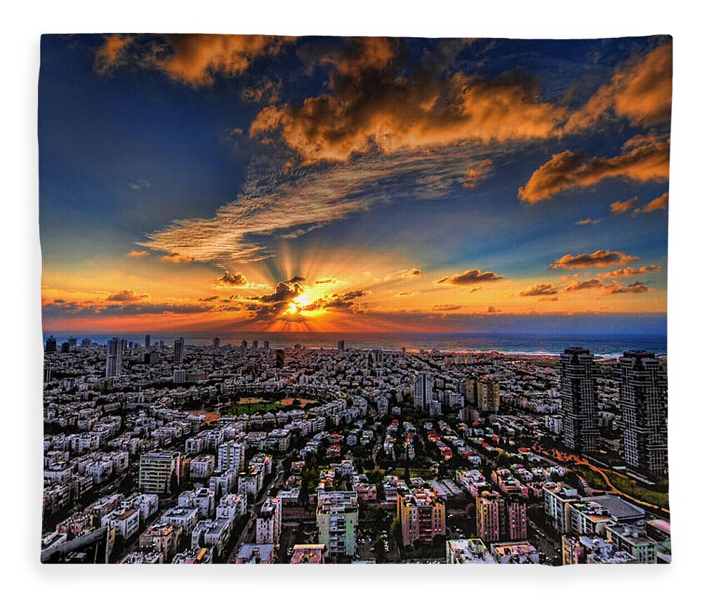 Israel Fleece Blanket featuring the photograph Tel Aviv sunset time by Ron Shoshani