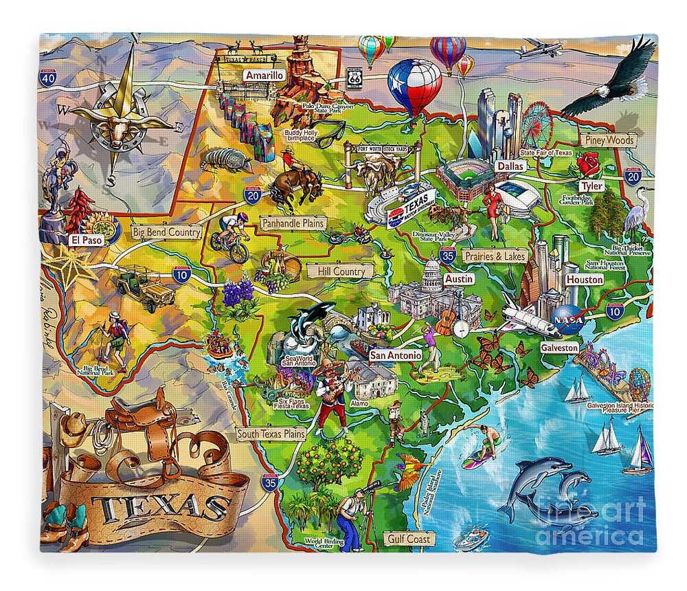 Texas Fleece Blanket featuring the painting Texas Illustrated Map by Maria Rabinky