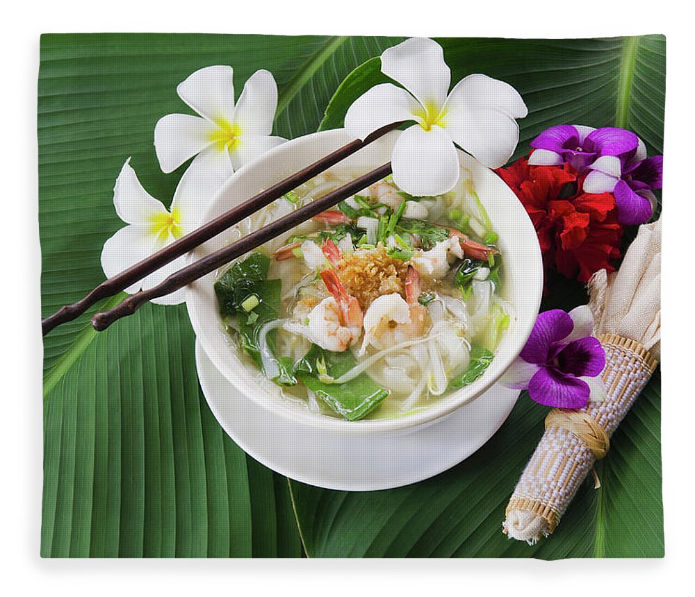 Thai Food Fleece Blanket featuring the photograph Thai Noodle Soup With Shrimps by Otto Stadler