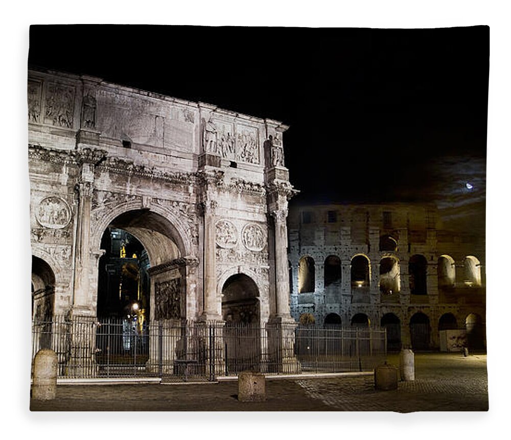 Rome Fleece Blanket featuring the photograph The Arch of Constantine and the Colosseum at night by Weston Westmoreland