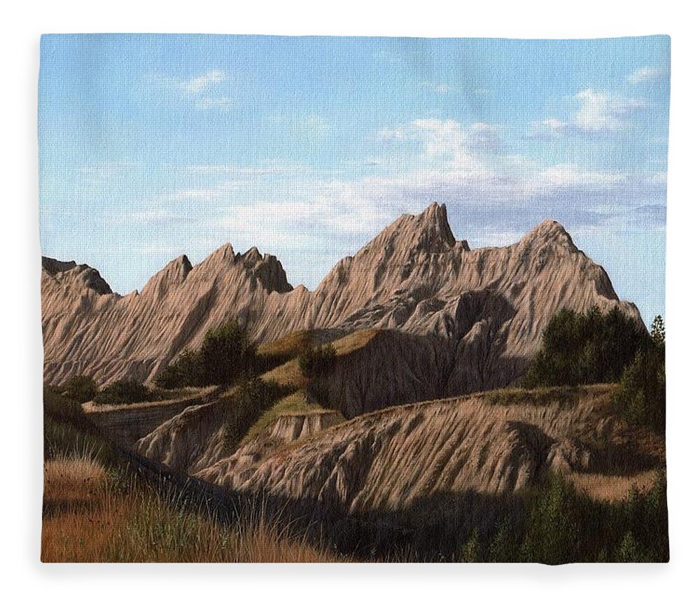 Badlands Fleece Blanket featuring the painting The Badlands in South Dakota Oil Painting by Rachel Stribbling