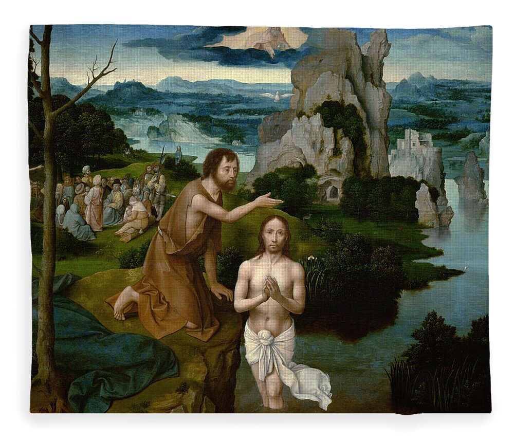 Joachim Patinir Fleece Blanket featuring the painting The Baptism of Christ by Joachim Patinir