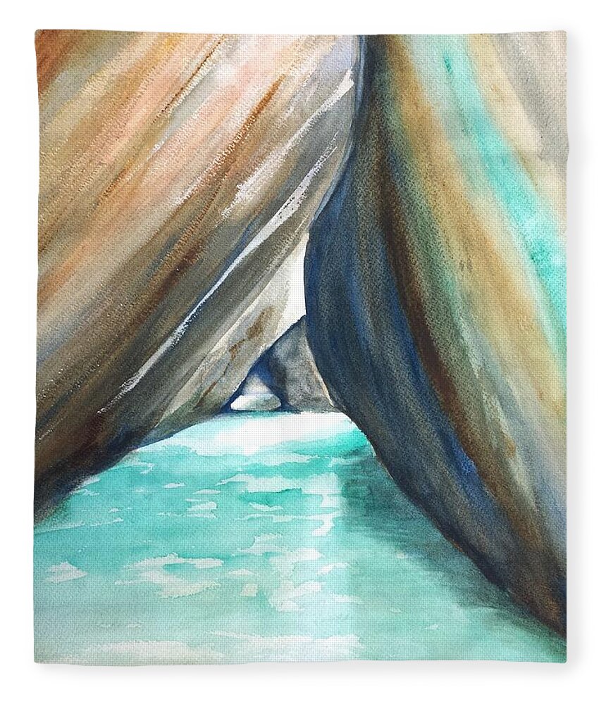 The Baths Fleece Blanket featuring the painting The Baths Turquoise by Carlin Blahnik CarlinArtWatercolor