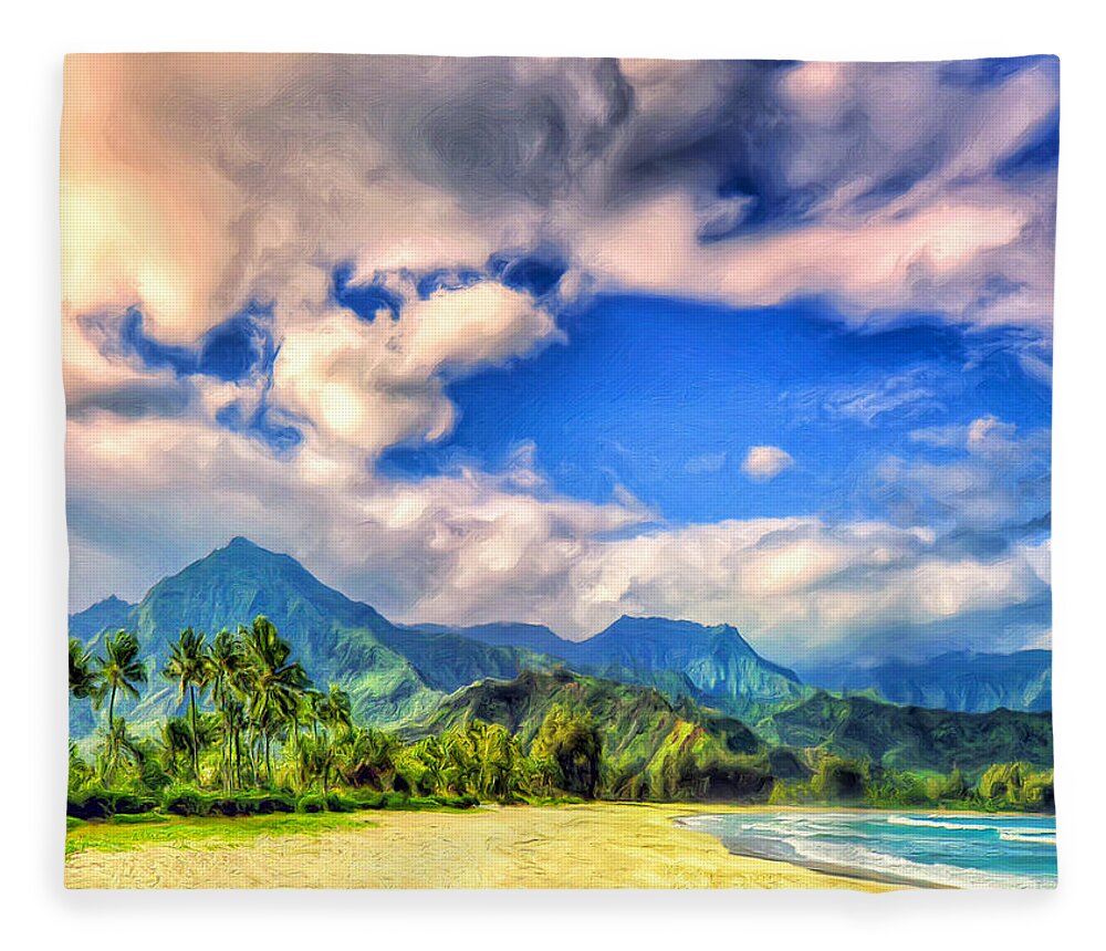 Hanalei Bay Fleece Blanket featuring the painting The Beach at Hanalei Bay Kauai by Dominic Piperata