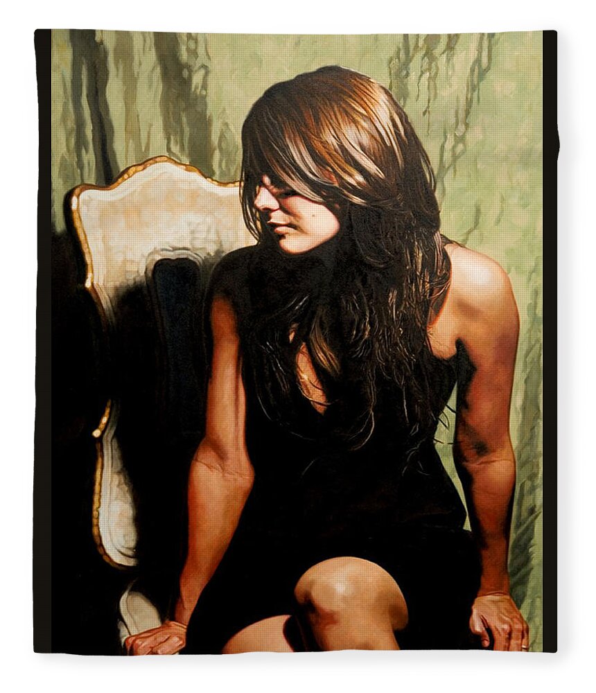 Woman Sitting Fleece Blanket featuring the painting The Black Dress by Patrick Whelan