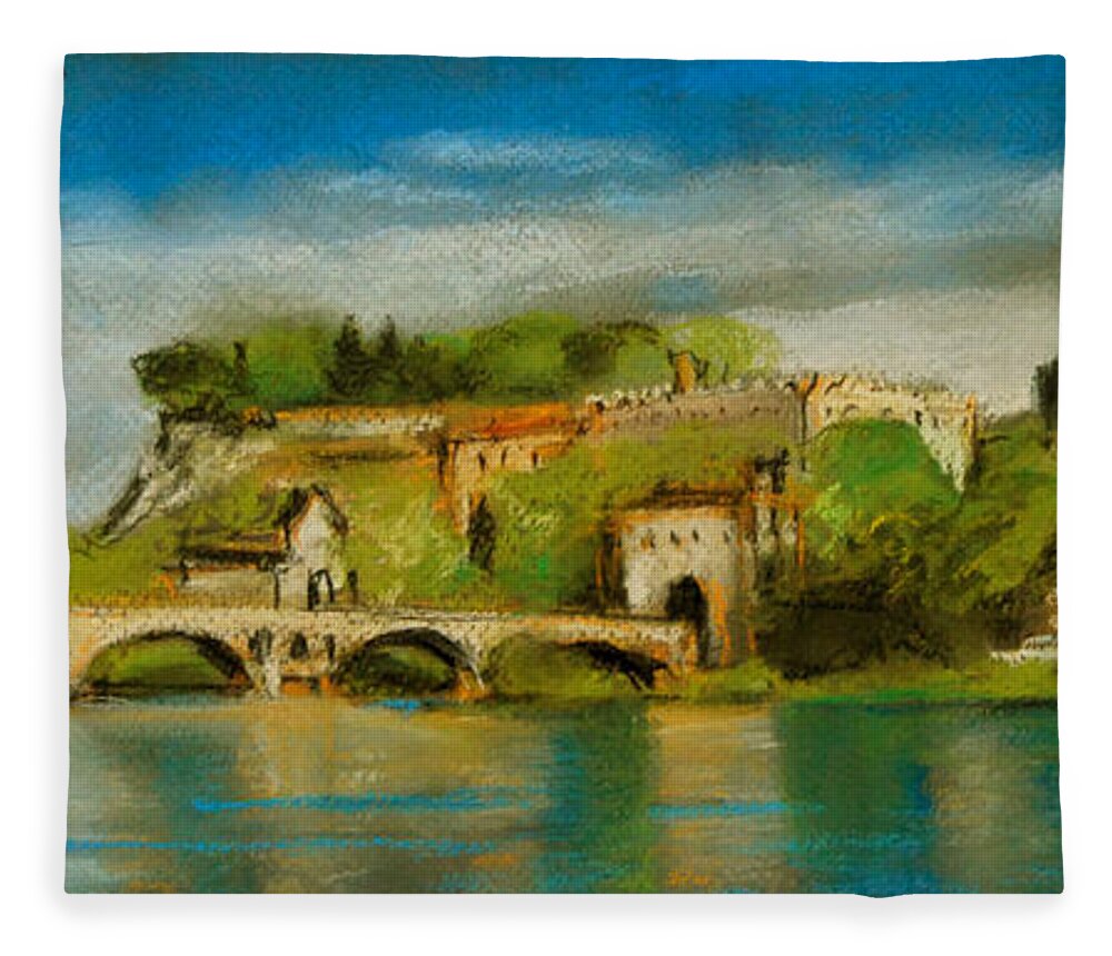 The Bridge Of Avignon Fleece Blanket featuring the pastel The Bridge Of Avignon by Mona Edulesco