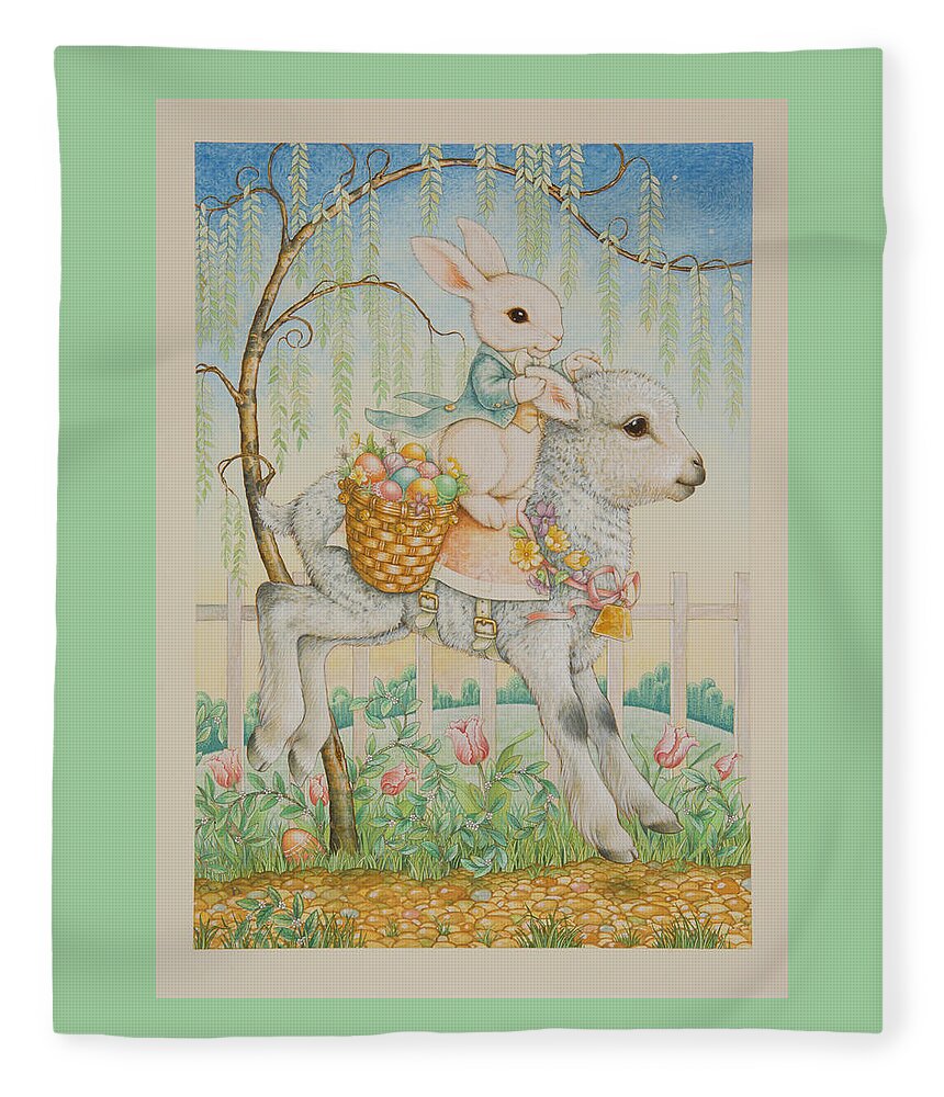 Easter Card Fleece Blanket featuring the painting The Easter Bunny is Coming to Town by Lynn Bywaters