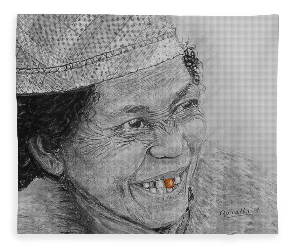 African Fleece Blanket featuring the drawing The Gold Tooth by Quwatha Valentine