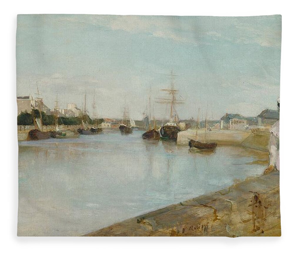 Harbour; Lorient; Harbor; Brittany; Bretagne; Bay; Seaport; Port; Boat; Boats; Peaceful; Serene; Tranquil; Summer; Sunshine; Figure; White; Summer; Dress; Parasol; Beauty; Elegant; Fashion; Fashionable; Seated; Perching; Wall; French; France; Impressionist; Impressionism; Berthe; Morisot; Oil; Oil Painting; Umbrella; Water; Dock; Sky; Clouds; Shore; Beach; Sand; Sandy; Sail; Sails; Depth; Lady; Woman; Female; Relax; Relaxing; Relaxed; Seaside; Subtle; Somber; Solitude; Lonely; Pensive; Distant Fleece Blanket featuring the painting The Harbour at Lorient by Berthe Morisot