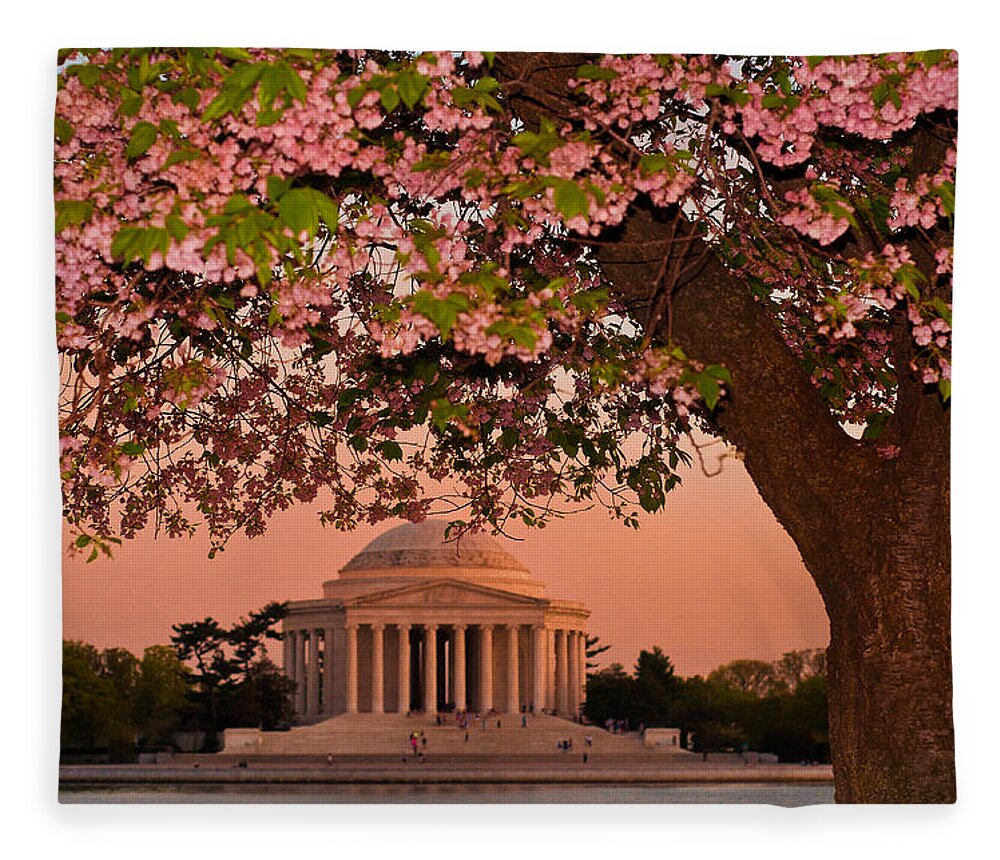 America Fleece Blanket featuring the photograph The Jefferson Memorial Framed by a Cherry Tree by Mitchell R Grosky