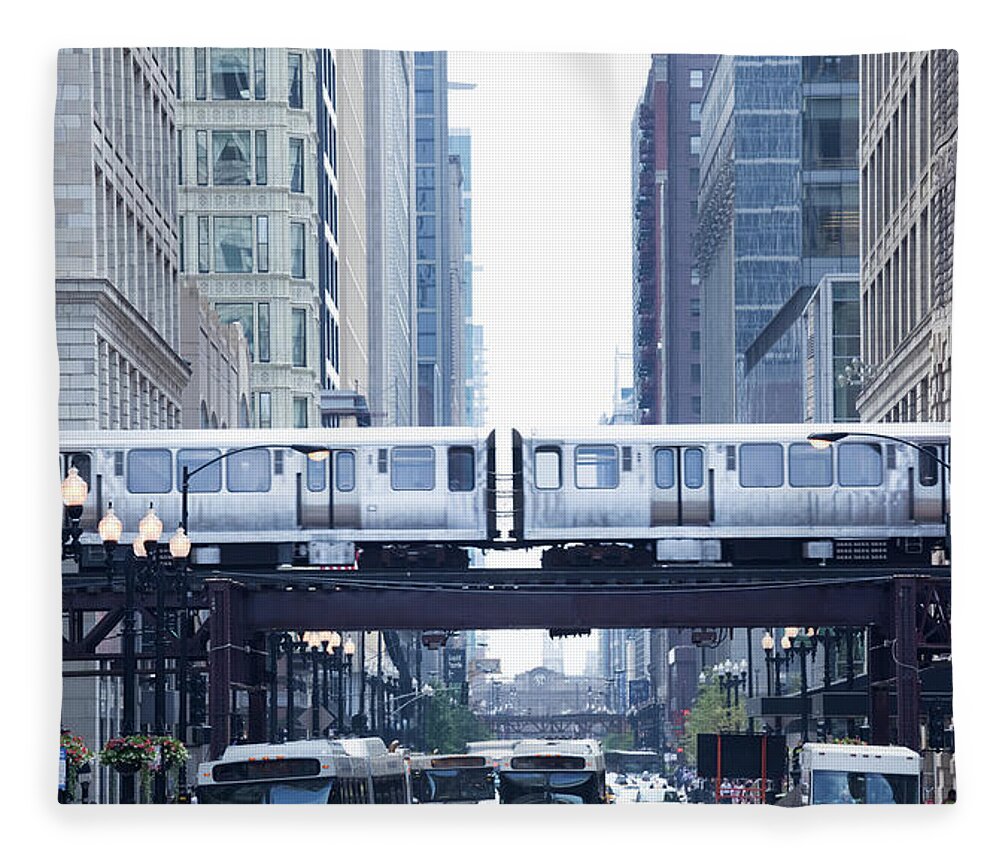 Scenics Fleece Blanket featuring the photograph The Loop And El Train In Chicago by Yinyang