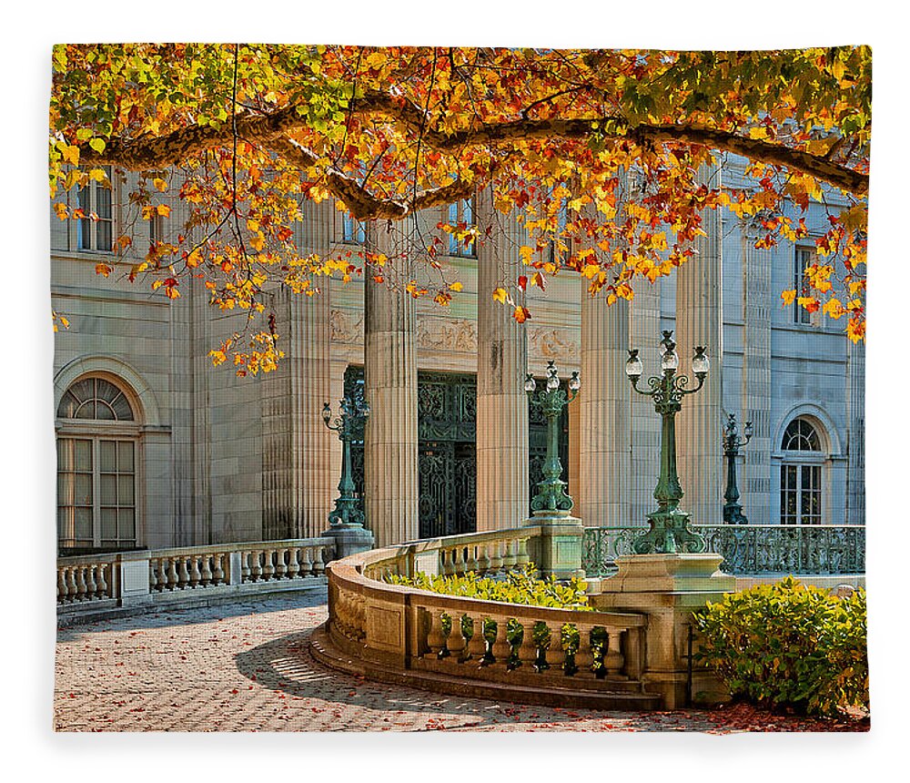 Newport Fleece Blanket featuring the photograph The Marble House in Autumn by Mitchell R Grosky