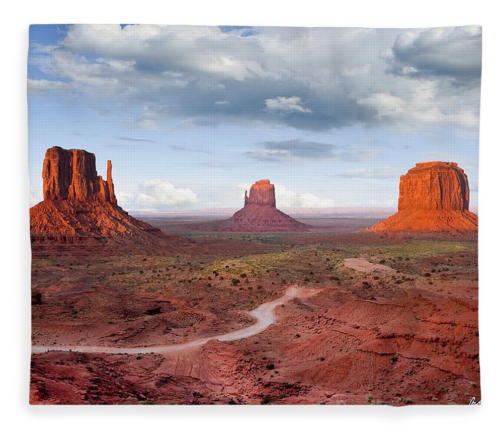 Arizona Fleece Blanket featuring the photograph The Mittens and Merrick Butte at Sunset by Jeff Goulden