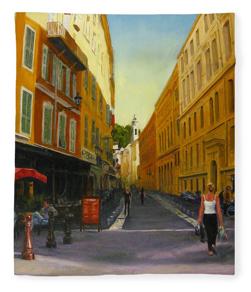 Nice Fleece Blanket featuring the painting The Morning's Shopping in Vieux Nice by Connie Schaertl