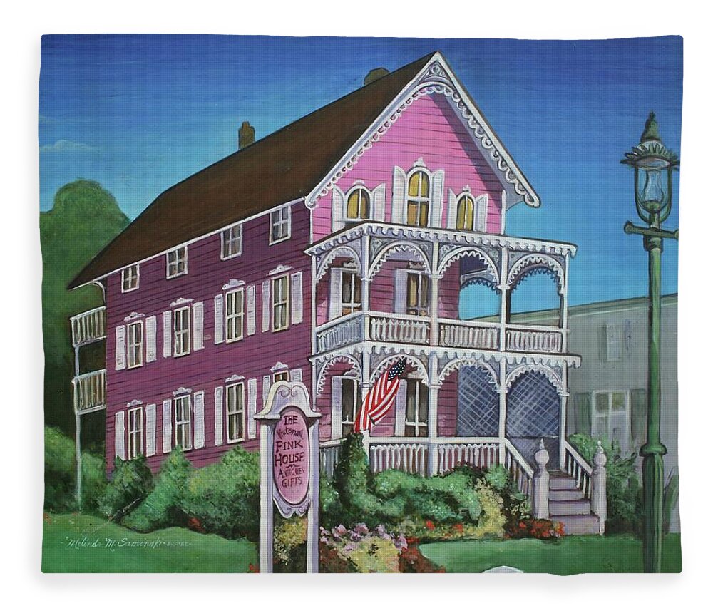 Cape May Fleece Blanket featuring the painting The Pink House in Cape May by Melinda Saminski