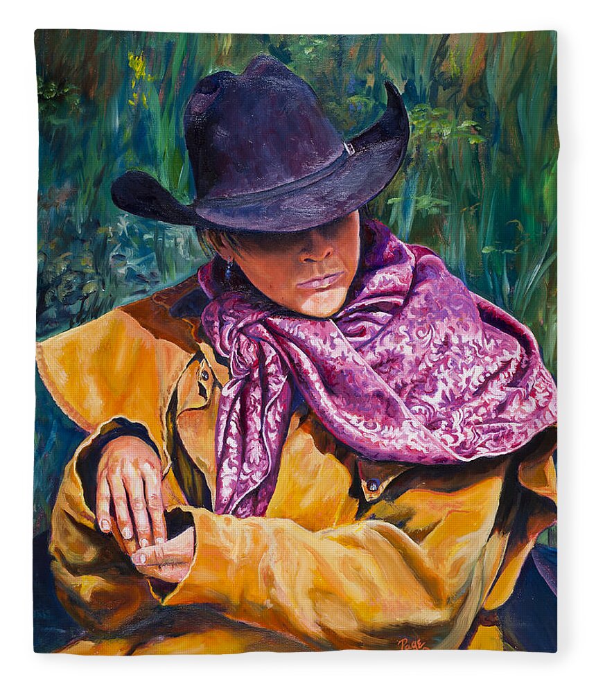 Cowboy Fleece Blanket featuring the painting The Purple Scarf by Page Holland