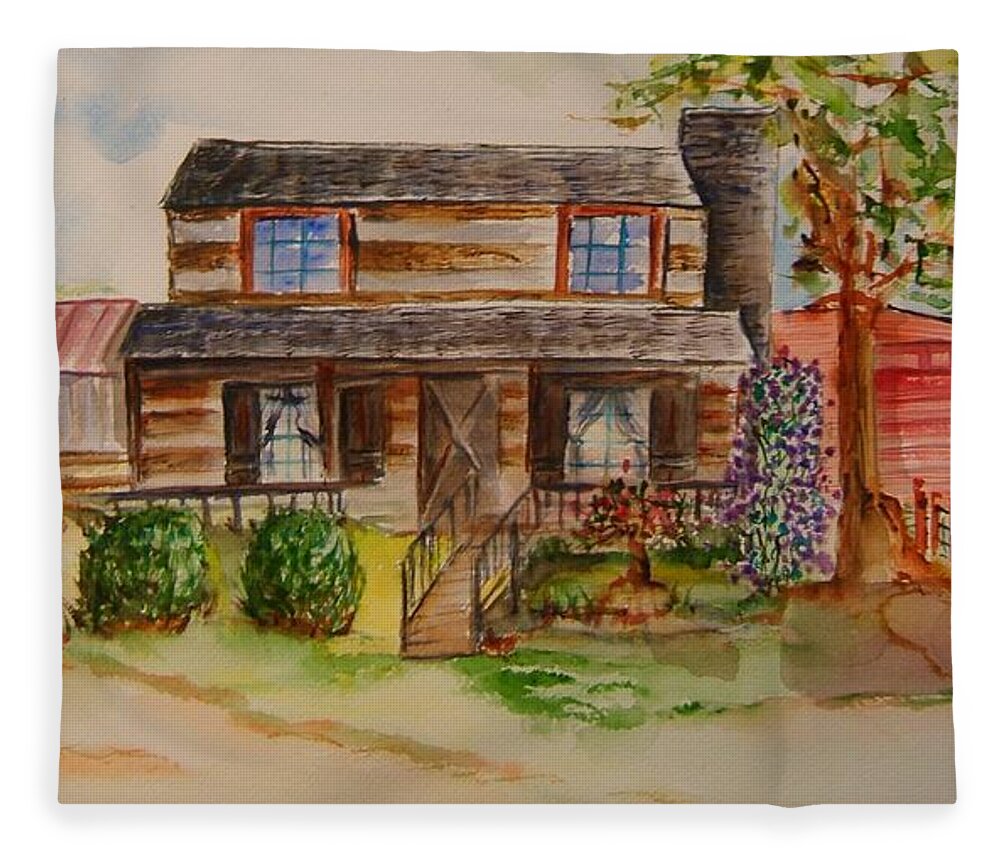 Cabin Fleece Blanket featuring the painting The Red Sleigh Shoppe by Elaine Duras
