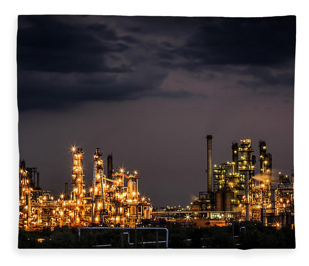 Gas Fleece Blanket featuring the photograph The Refinery by Mihai Andritoiu