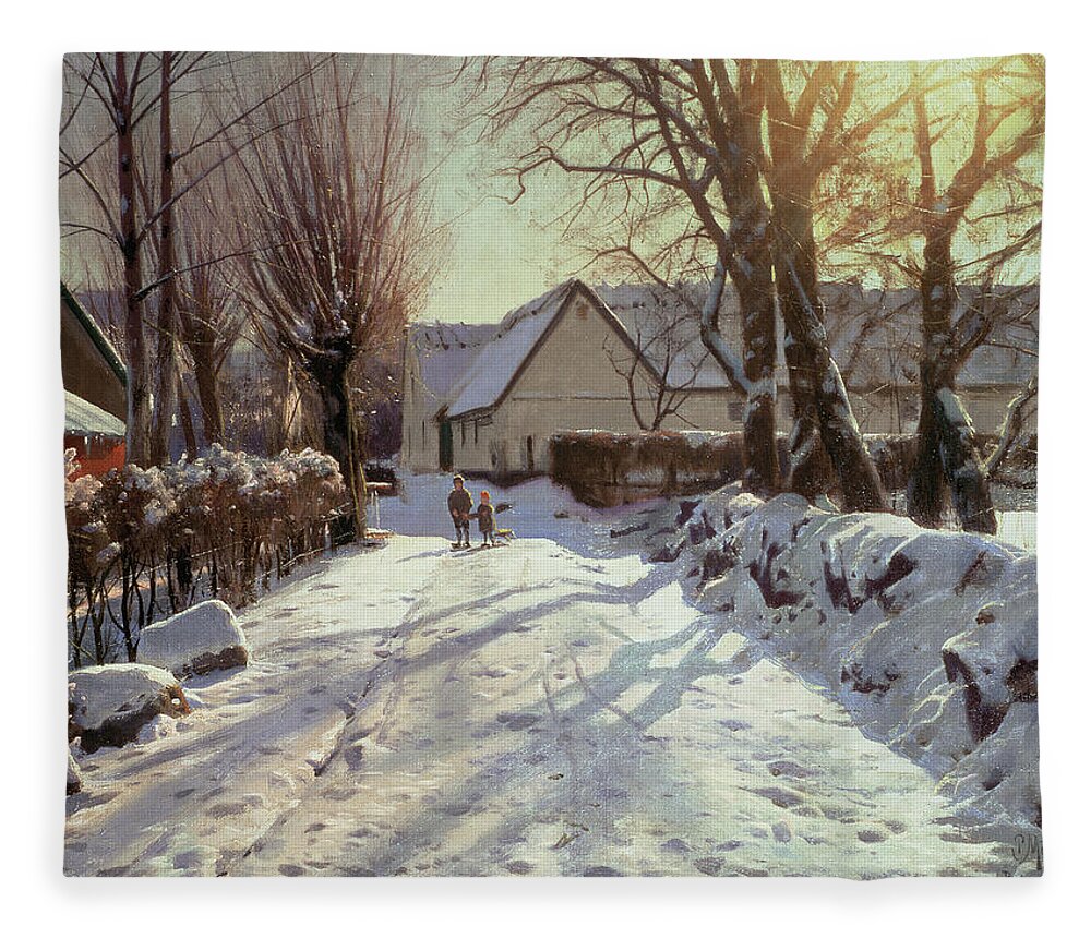 Winter Fleece Blanket featuring the painting The Road Home by Peder Monsted
