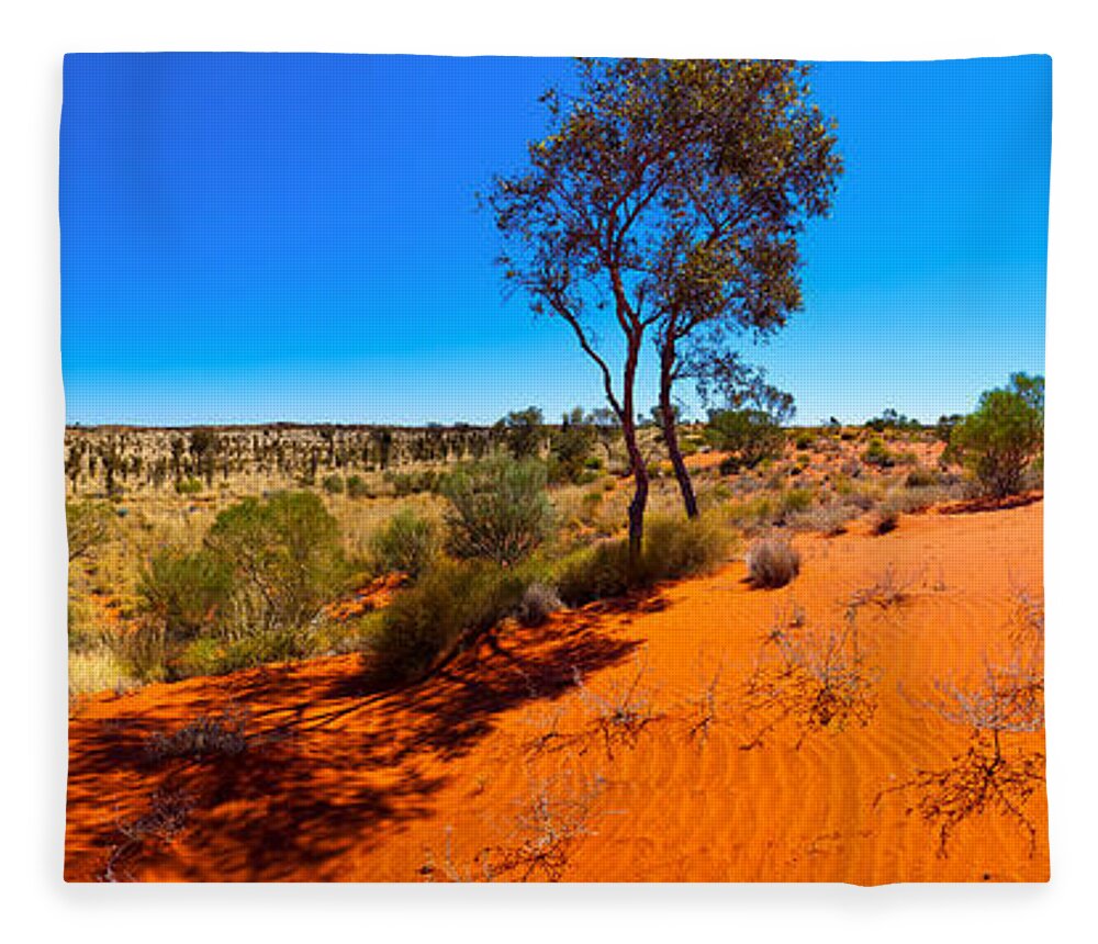 The Road To Uluru Outback Landscape Central Australia Australian Gum Tree Desert Arid Sand Dunes  Fleece Blanket featuring the photograph The Road to Uluru by Bill Robinson