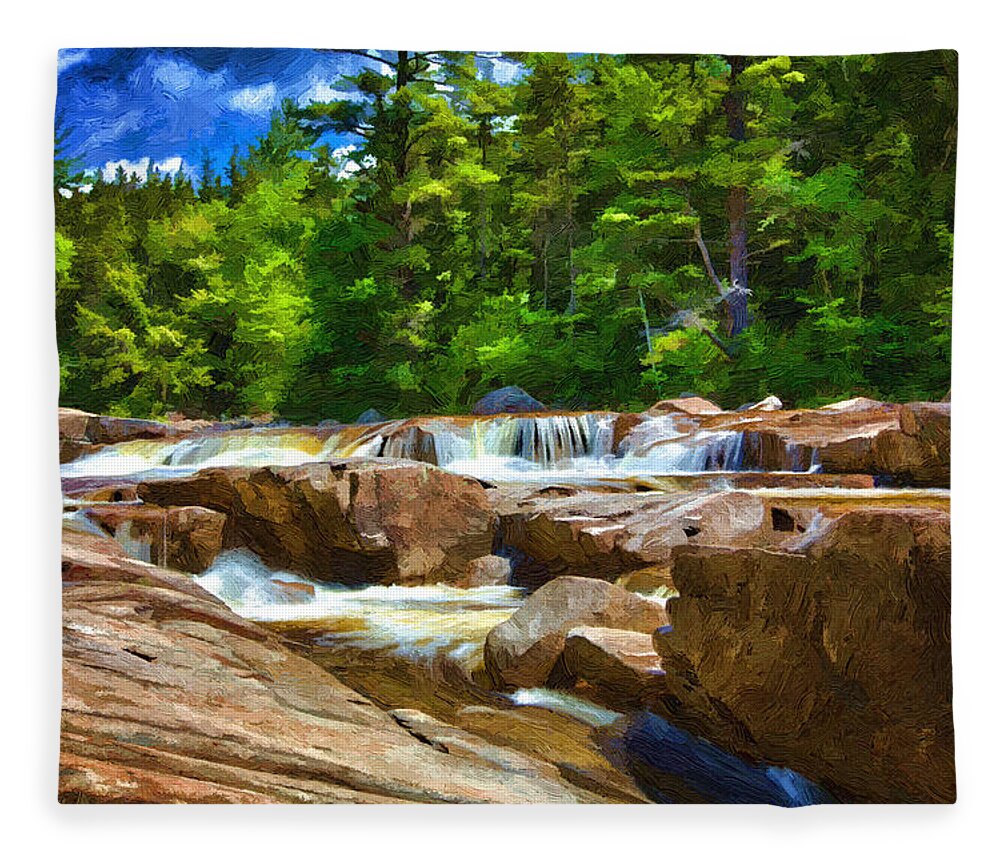 Kancamagus Scenic Byway Fleece Blanket featuring the painting The Swift River Beside the Kancamagus Scenic Byway in New Hampshire by John Haldane