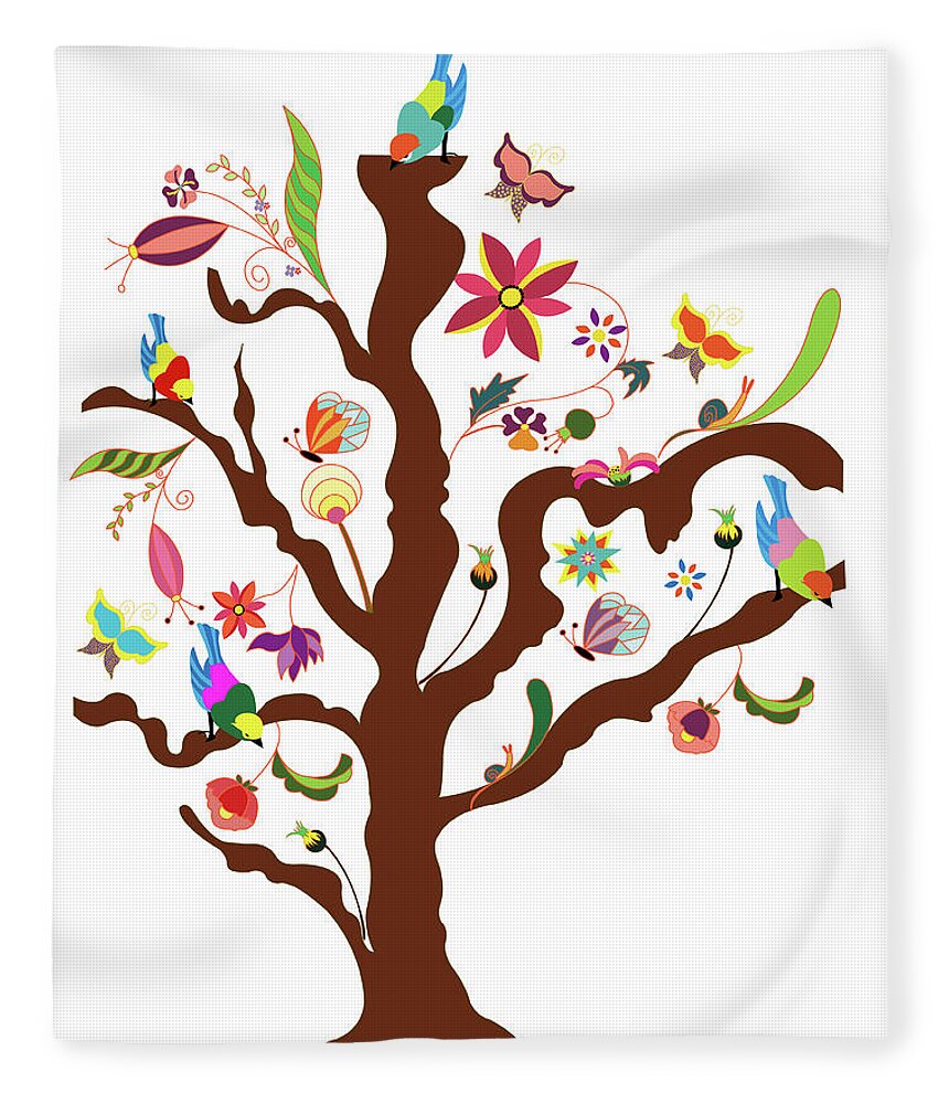 White Background Fleece Blanket featuring the digital art The Tree Of Flowers And Birds by Simona Dumitru