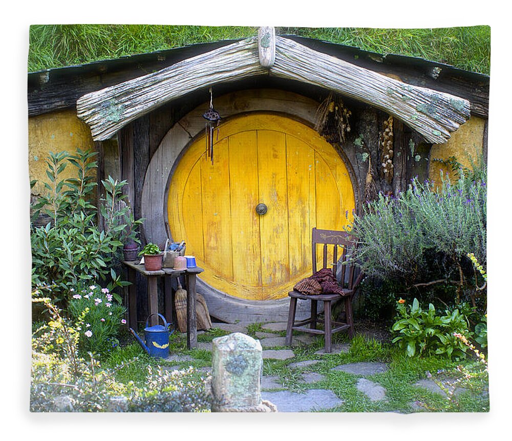 Frodo Baggins Fleece Blanket featuring the photograph Yellow Hobbit Door by Venetia Featherstone-Witty