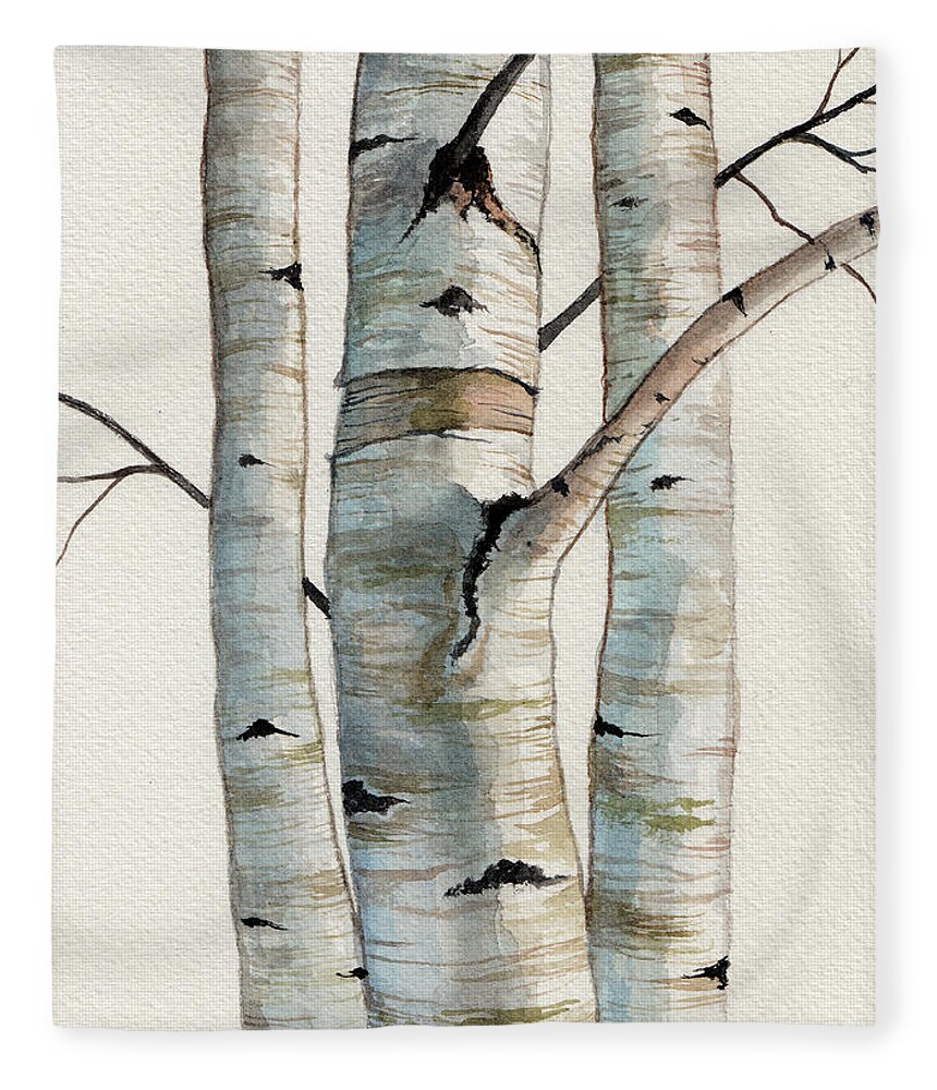 Birch Fleece Blanket featuring the painting Three Birch Trees by Christopher Shellhammer