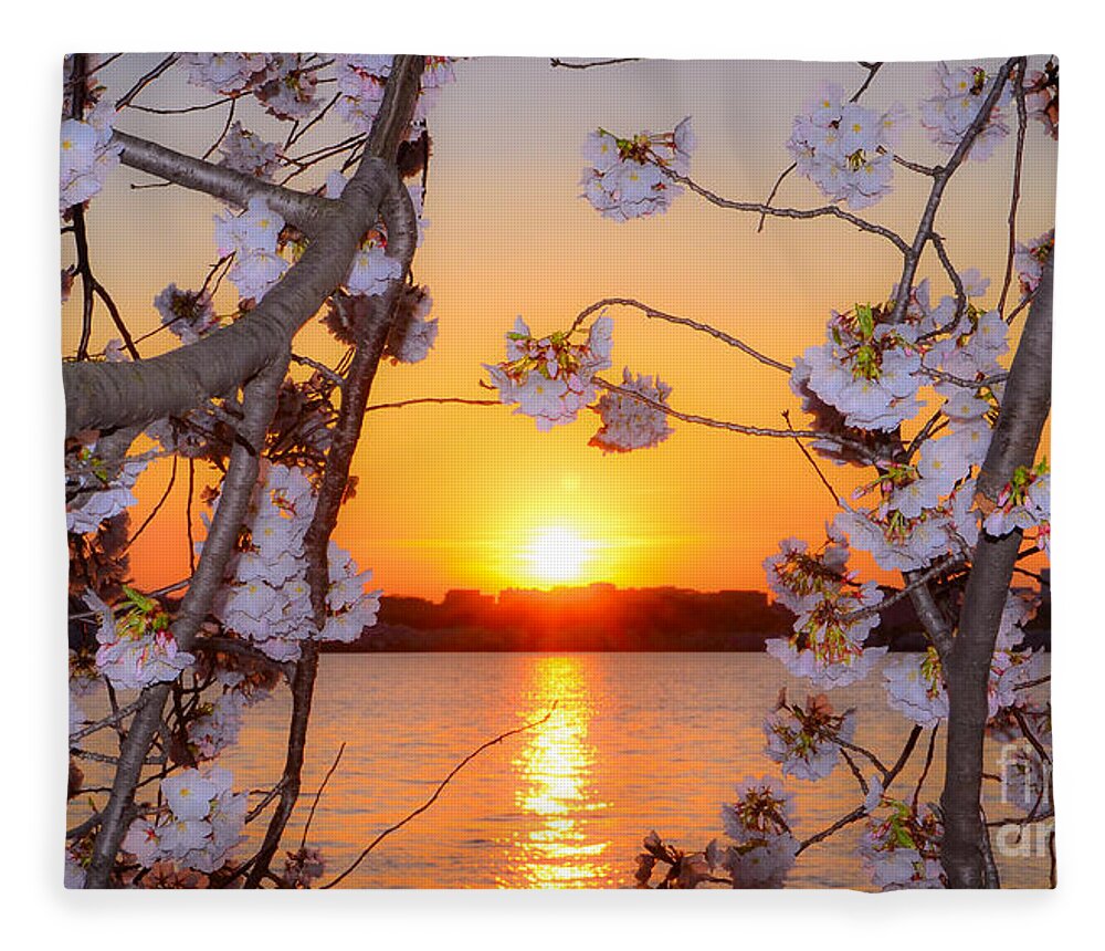 2012 Centennial Celebration Fleece Blanket featuring the photograph Tidal Basin Sunset with Cherry Blossoms by Jeff at JSJ Photography