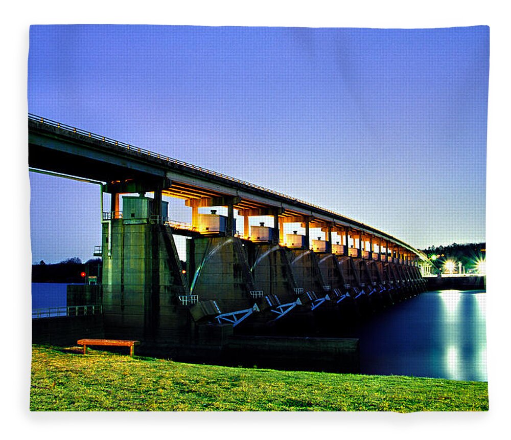 Toad Suck Fleece Blanket featuring the photograph Toad Suck Dam at Night by Jason Politte