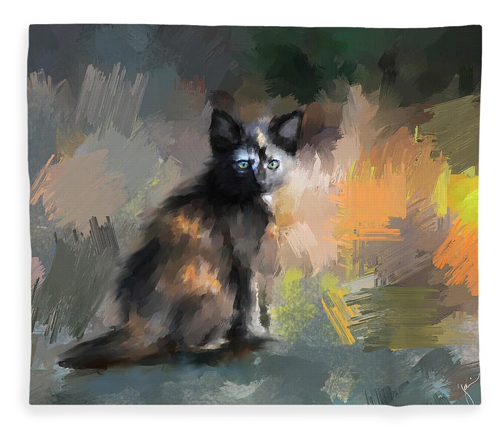Kitten Fleece Blanket featuring the painting Tortoiseshell Kitten #1 by Jai Johnson