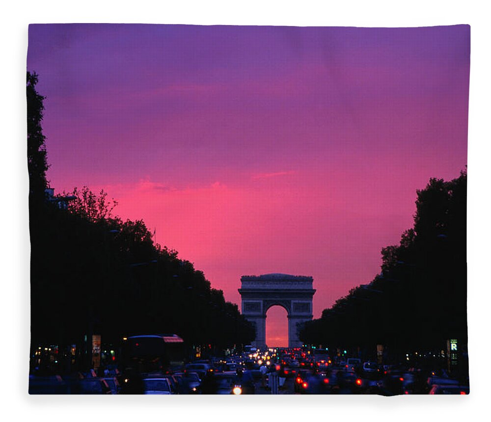 Arch Fleece Blanket featuring the photograph Traffic On The Champs-elysees And The by Izzet Keribar