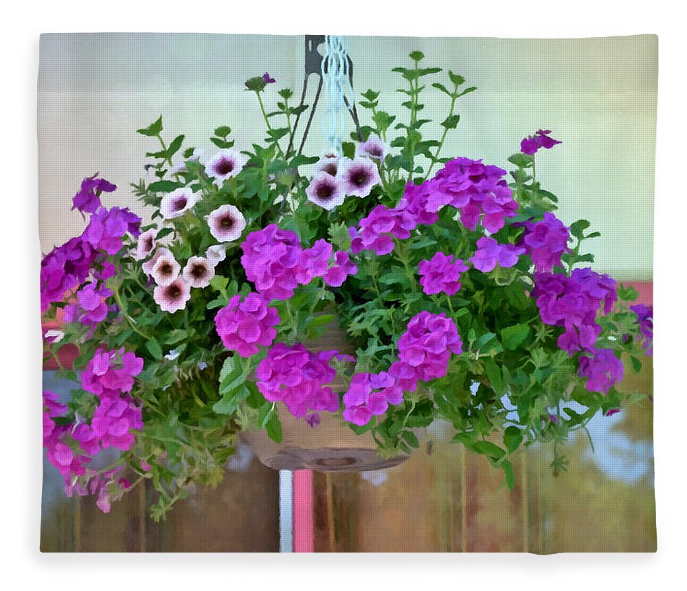 Trailing Petunia Flowers In A Hanging Basket Fleece Blanket featuring the painting Trailing petunia flowers in a hanging basket by Jeelan Clark
